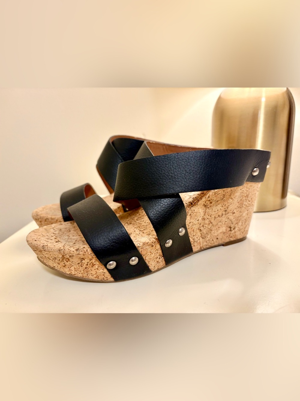 Lucky Brand Black Cork Wedge Sandals with Cross Straps